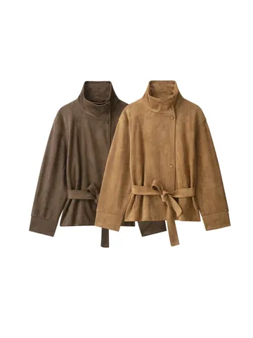 Women Vintage Faux Suede Jacket Stand Collar Solid Color Long Sleeve Single Breasted Outwear With Belt Retro Fashion Coat