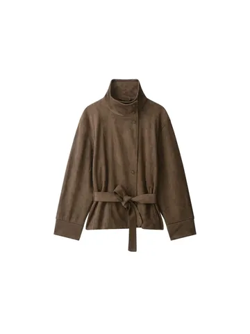 Women Vintage Faux Suede Jacket Stand Collar Solid Color Long Sleeve Single Breasted Outwear With Belt Retro Fashion Coat