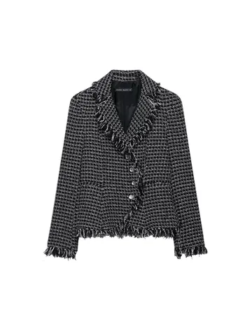 Women Plaid Tweed Blazer Jacket Distressed Texture Fringe Lapel Single Breasted Top Business Casual Long Sleeve Outerwear