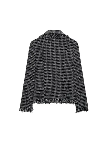Women Plaid Tweed Blazer Jacket Distressed Texture Fringe Lapel Single Breasted Top Business Casual Long Sleeve Outerwear