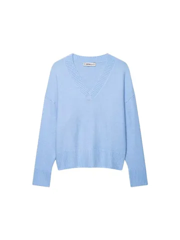 Women's V-Neck Sweater Light Blue Drop Shoulder Loose Fit Short Polyester Knitwear Long Sleeve Top For Daily Office Wear