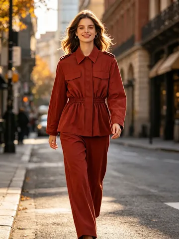 Women Casual Polyester Top And Bottom Set Solid Color Lapel Zipper Jacket And Straight Pants Autumn Fashion Outfits