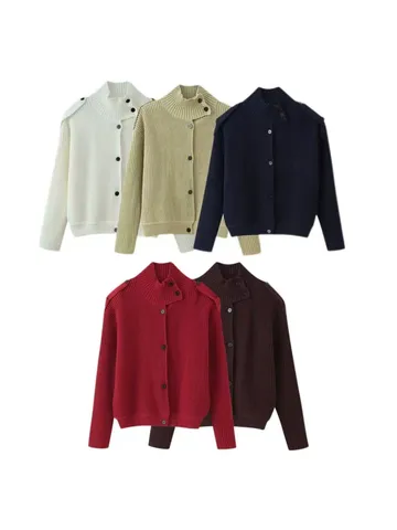 Women's Ribbed Knit Cardigan Stand Collar Diagonal Button Sweater With Shoulder Tabs Solid Color Loose Casual Knitwear