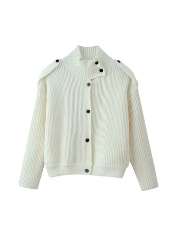 Women's Ribbed Knit Cardigan Stand Collar Diagonal Button Sweater With Shoulder Tabs Solid Color Loose Casual Knitwear