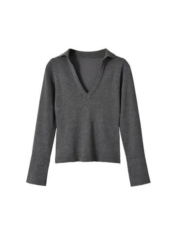 Haut en Tricot à Manches Longues avec Col en V et Revers pour Femmes Pull Décontracté Couleur Unie Élégant Vêtement de Mode Automne