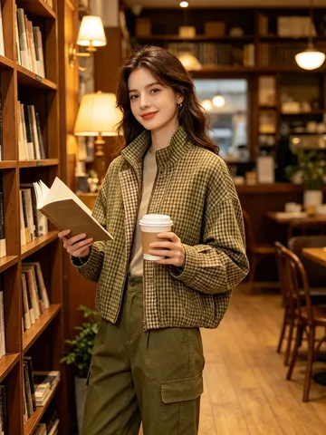 Women's Plaid Bomber Jacket Stand Collar Short Loose Casual Plaid Coat With Pleated Hem Polyester Long Sleeve Zip Up Jacket
