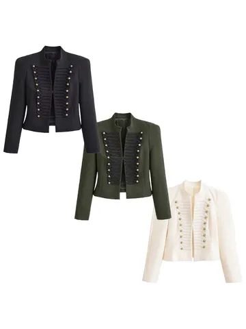 Women Vintage Palace Style Slim Fit Blazer Stand Collar Long Sleeve Polyester Jacket With Metal Buttons Retro Military Outerwear