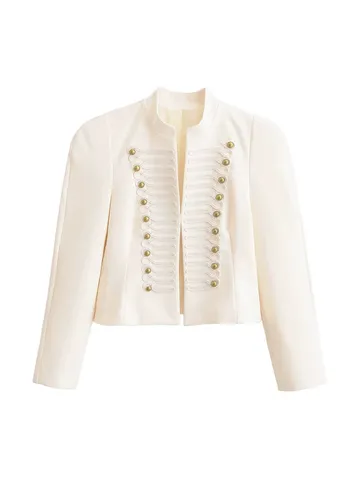 Women Vintage Palace Style Slim Fit Blazer Stand Collar Long Sleeve Polyester Jacket With Metal Buttons Retro Military Outerwear