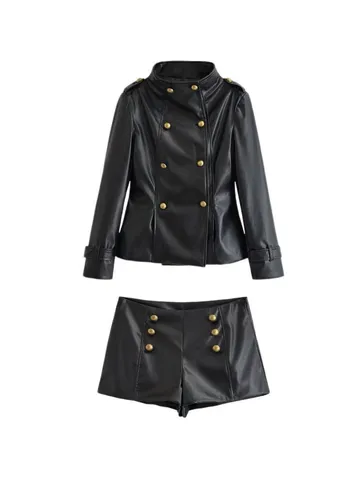 Women Biker Style Polyester Faux Leather Jacket And Shorts Top And Bottom Double Breasted Slim Fit Stand Collar Casual Streetwear Suit
