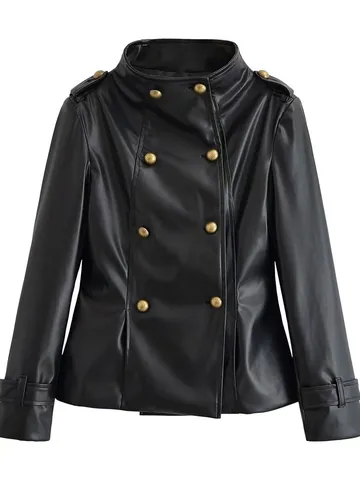 Women Biker Style Polyester Faux Leather Jacket And Shorts Top And Bottom Double Breasted Slim Fit Stand Collar Casual Streetwear Suit
