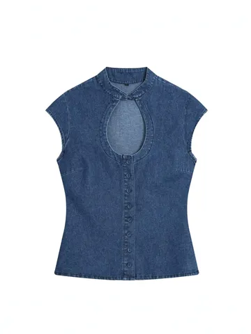 Women Retro Hollow Sleeveless Denim Top And Wide Leg Pants Casual Minimalist Polyester Suit Outfit Regular Fit