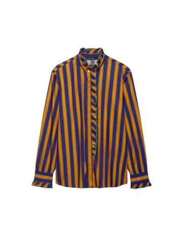 Women's Fashion Striped Patchwork Blouse Casual Long Sleeve Ruffle Collar Button Down Top Polyester Contrast Stripe Shirt