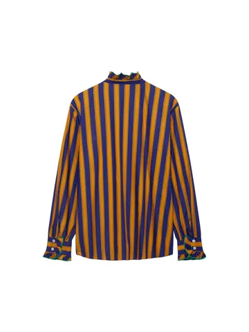 Women's Fashion Striped Patchwork Blouse Casual Long Sleeve Ruffle Collar Button Down Top Polyester Contrast Stripe Shirt