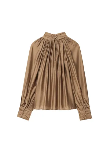 Women Elegant High Neck Pleated Satin Blouse Long Lantern Sleeve Glossy Shirt Solid Color Casual Vintage Office Wear Top