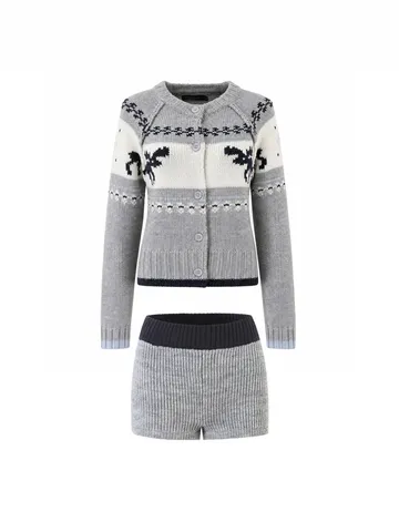Women's Vintage Christmas Reindeer Pattern Printed Knit Top And Bottom Set Long Sleeve Cardigan And High Waist Shorts