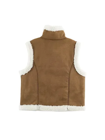 Women's Retro Stand Collar Horn Button Sherpa Fleece Patchwork Vest Casual Sleeveless Outerwear Winter Warm Top