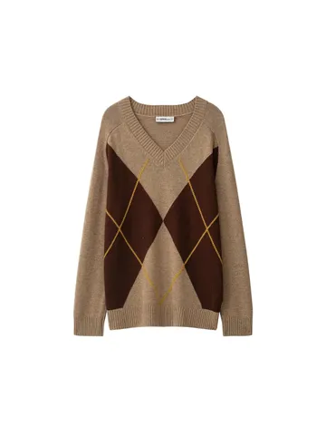 Women Vintage Argyle Color Block V-Neck Knit Sweater Long Sleeve Loose Casual Pullover Top Polyester Autumn Clothing