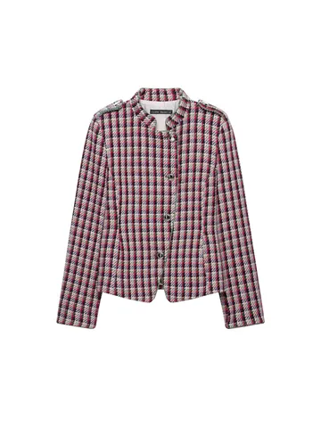 Women Fashion Structured Double Breasted Blazer Jacket Tweed Plaid Pattern Long Sleeve Casual Office Outwear Coat Top
