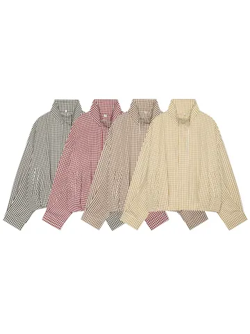 Women's Plaid Stand Collar Casual Jacket Fashion Autumn Loose Fit Checked Short Outerwear Long Sleeve Zipper Up Top