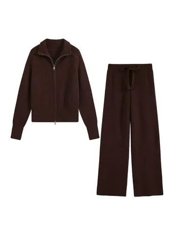 Women Fashion Solid Color Knit Top And Bottom Outfit Casual Stand Collar Zipper Cardigan And Wide Leg Pants Autumn Clothing