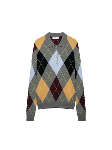 Women Retro Argyle Plaid Jacquard Long Sleeve Knit Top Polo Neck Slim Fit Casual Fall Sweater Pullover Top