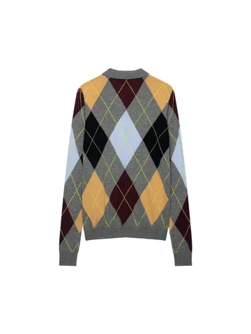 Women Retro Argyle Plaid Jacquard Long Sleeve Knit Top Polo Neck Slim Fit Casual Fall Sweater Pullover Top