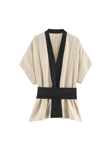 New Chinese Style Women Contrast Color Belt Top And Wide Leg Pants Casual Short Sleeve Shirt Long Trousers Outfit