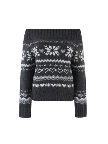 Women Off-Shoulder Fair Isle Knit Sweater Vintage Geometric Pattern Long Sleeve Pullover Thick Autumn Winter Top