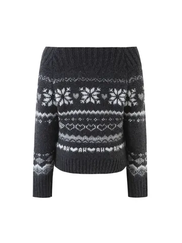 Women Off-Shoulder Fair Isle Knit Sweater Vintage Geometric Pattern Long Sleeve Pullover Thick Autumn Winter Top