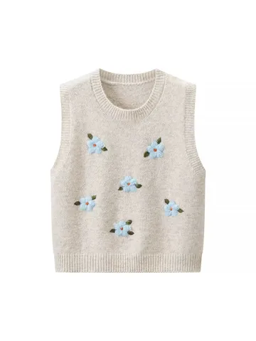 Chaleco de Punto Retro para Mujer Ganchillo Floral 3D Cuello Redondo Sin Mangas Suéter Corto Casual Suelto