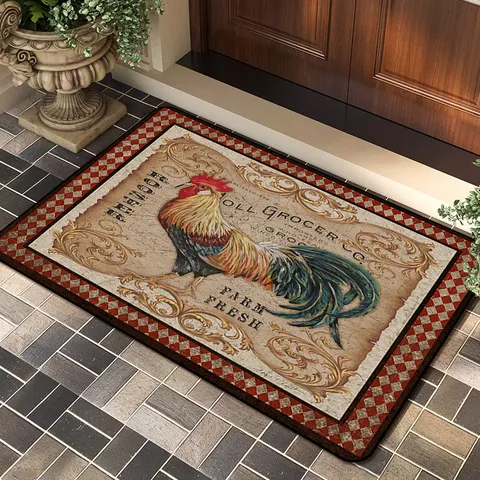 Farmhouse Rooster Printed Doormat Non-Slip Polyester Entrance Floor Mat Vintage Rustic Kitchen Bathroom Rug Home Decor