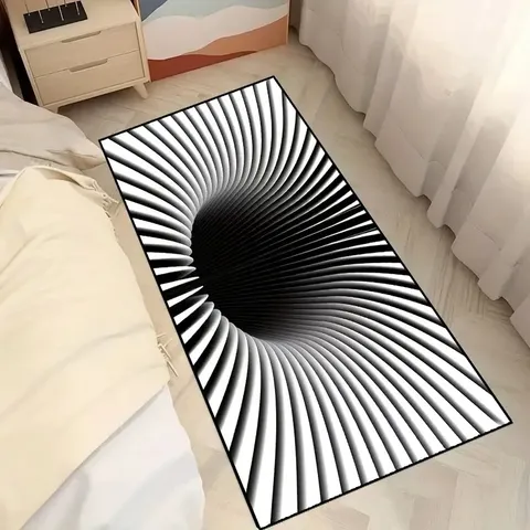 3D Optical Illusion Vortex Door Mat Non Slip Absorbent Polyester Rug Geometric Black White Home Decor Mat for Bedroom Bathroom