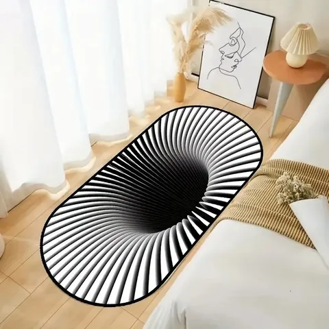 3D Optical Illusion Vortex Door Mat Non Slip Absorbent Polyester Rug Geometric Black White Home Decor Mat for Bedroom Bathroom