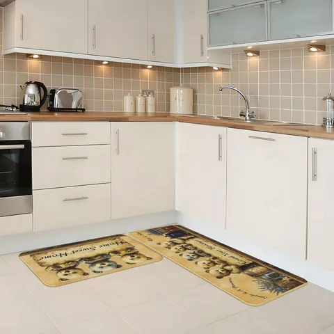 Alfombra de Cocina Vintage Americana Antideslizante Lavable Poliéster Estera Geométrica Floral Dibujos Animados Set para Suelo