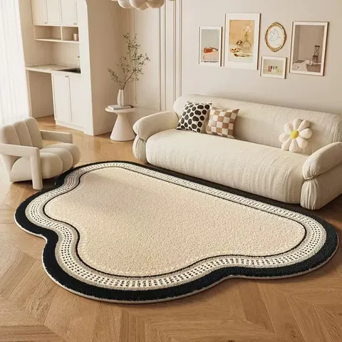 Modern French Style Irregular Living Room Carpet Thickened Loop Pile Sofa Coffee Table Mat Creamy Style Bedroom Floor Mat