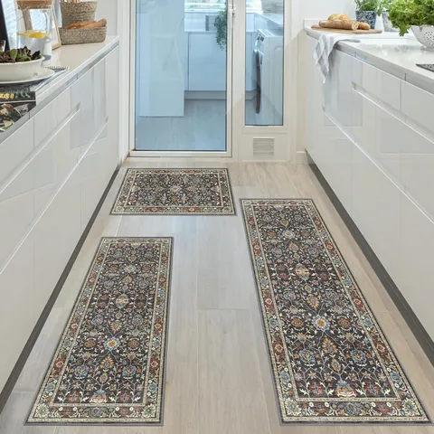 Bohemian Floral Kitchen Mat Non Slip Wear Resistant Polyester Floor Mat Washable Runner Rug Set For Home Decor