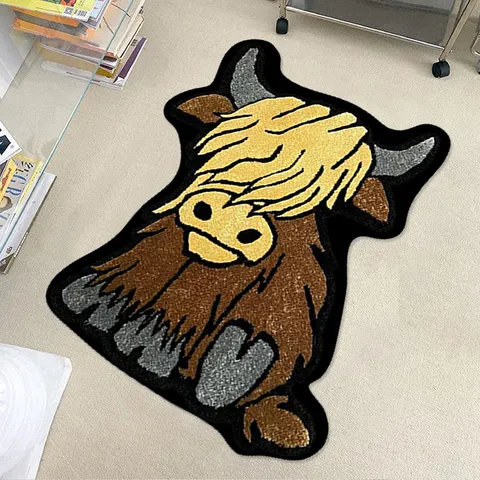 Irregular Highland Cow Shape Rug Fluffy Imitation Cashmere Carpet Cute Animal Floor Mat For Living Room Bedroom Bathroom