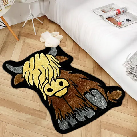 Irregular Highland Cow Shape Rug Fluffy Imitation Cashmere Carpet Cute Animal Floor Mat For Living Room Bedroom Bathroom
