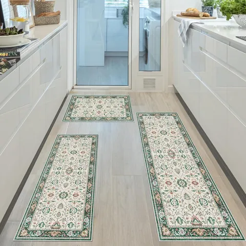 Bohemian Floral Kitchen Mat Non Slip Wear Resistant Polyester Floor Mat Washable Runner Rug Set For Home Decor