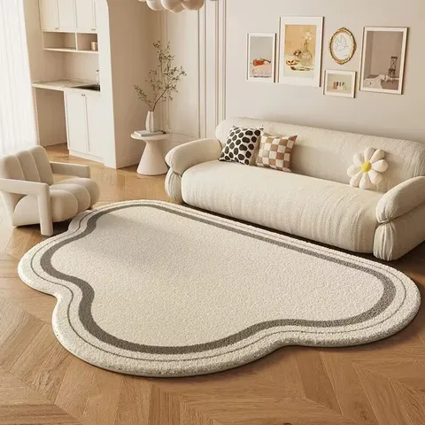 Modern French Style Irregular Living Room Carpet Thickened Loop Pile Sofa Coffee Table Mat Creamy Style Bedroom Floor Mat