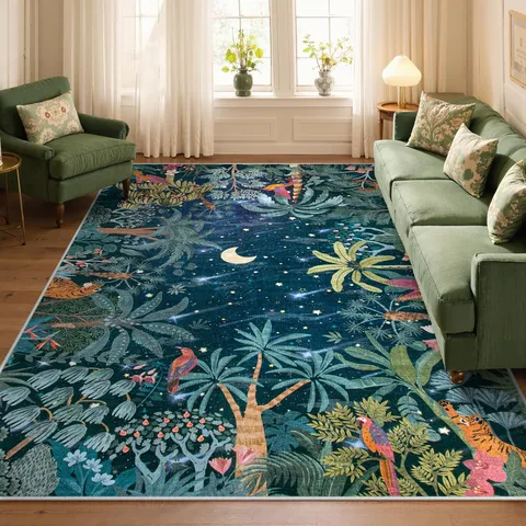 Jungle Botanical Floral Area Rug Polyester Cashmere-Feel Soft Carpet For Living Room Bedroom Home Decor