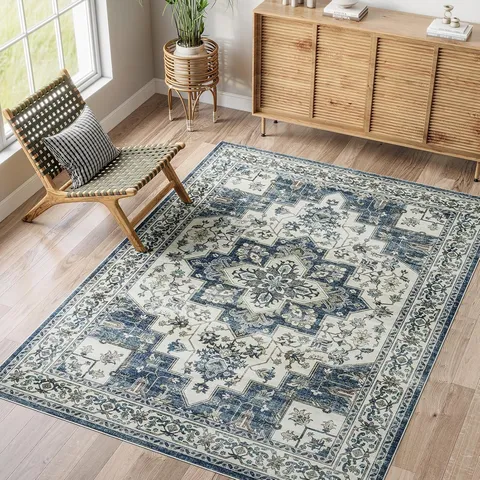 Alfombra de Área de Estilo Persa Vintage Sala de Estar Dormitorio Alfombrilla Antideslizante Alfombra Decorativa Boho Alfombra de Cabecera Lavable