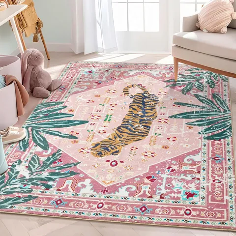 Vintage Tropical Tiger Pattern Area Rug Non-Slip Washable Polyester Carpet For Living Room Bedroom Home Decor