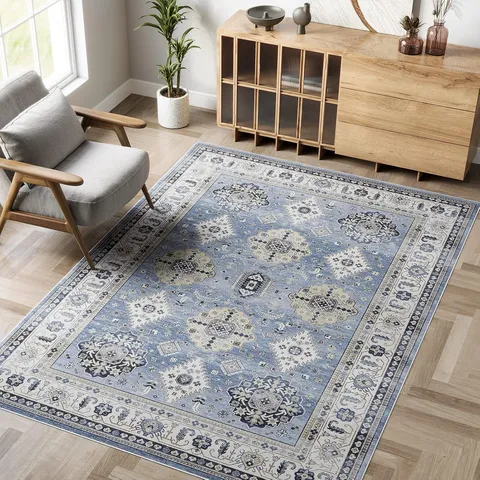 Alfombra de Área de Estilo Persa Vintage Sala de Estar Dormitorio Alfombrilla Antideslizante Alfombra Decorativa Boho Alfombra de Cabecera Lavable