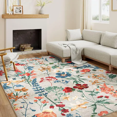 Tapis de Salon Floral Botanique Vintage Américain Imitation Cachemire Tapis de Chevet de Chambre Tapis de Table Basse de Canapé
