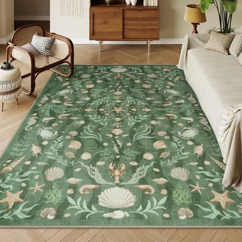 Retro Coastal Area Rug Vintage Marine Life Pattern Non-Slip Polyester Carpet For Living Room Bedroom Home Decor