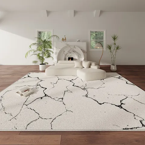 Japanese Style Cream Aesthetic Loop Velvet Carpet Modern Minimalist Abstract Marble Pattern Anti Slip Living Room Floor Mat