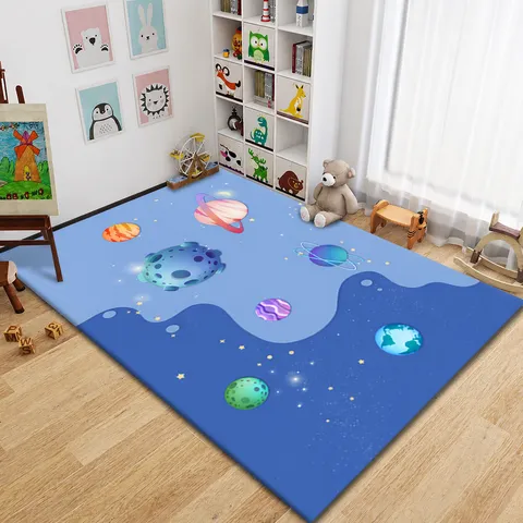 Kids Cartoon Space Theme Printed Area Rug Living Room Bedroom Bedside Carpet Non-Slip Polyester Floor Mat