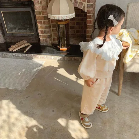 Girls Long Sleeve Cotton Sweatshirt Pants Set Toddler Fall Korean Ruffle Collar Two Piece Outfit Children Clothing
