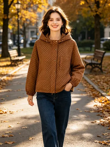 Women's Fashion Polka Dot Hooded Trench Coat Casual Loose Long Sleeve Polyester Windbreaker Jacket Top